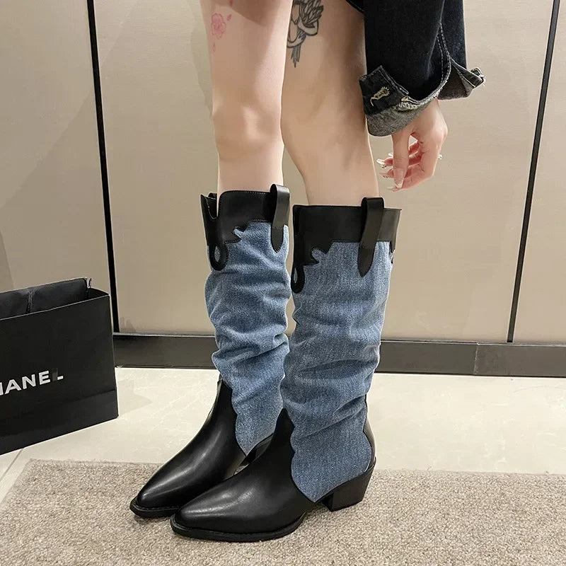 Women New Fashion Denim Vintage Pointed Pleated Platform Knee High Boots