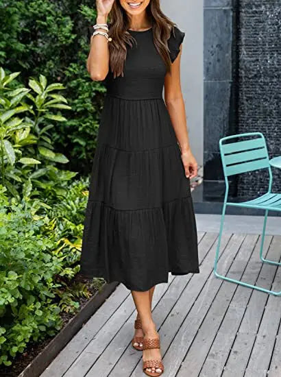 Solid Swing Sleeve Midi Dress