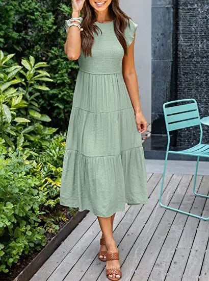 Solid Swing Sleeve Midi Dress
