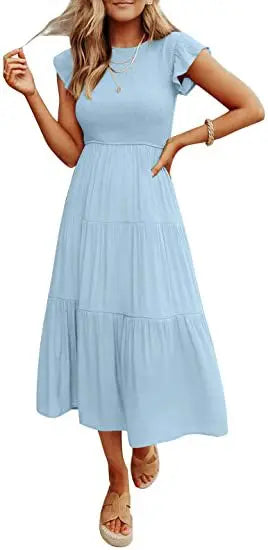Flying Pleated Layering Solid Swing Trending Loose Midi Dresses