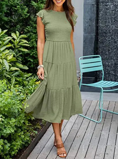 Solid Swing Sleeve Midi Dress