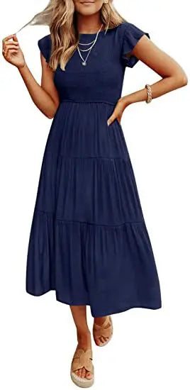 Flying Pleated Layering Solid Swing Trending Loose Midi Dresses