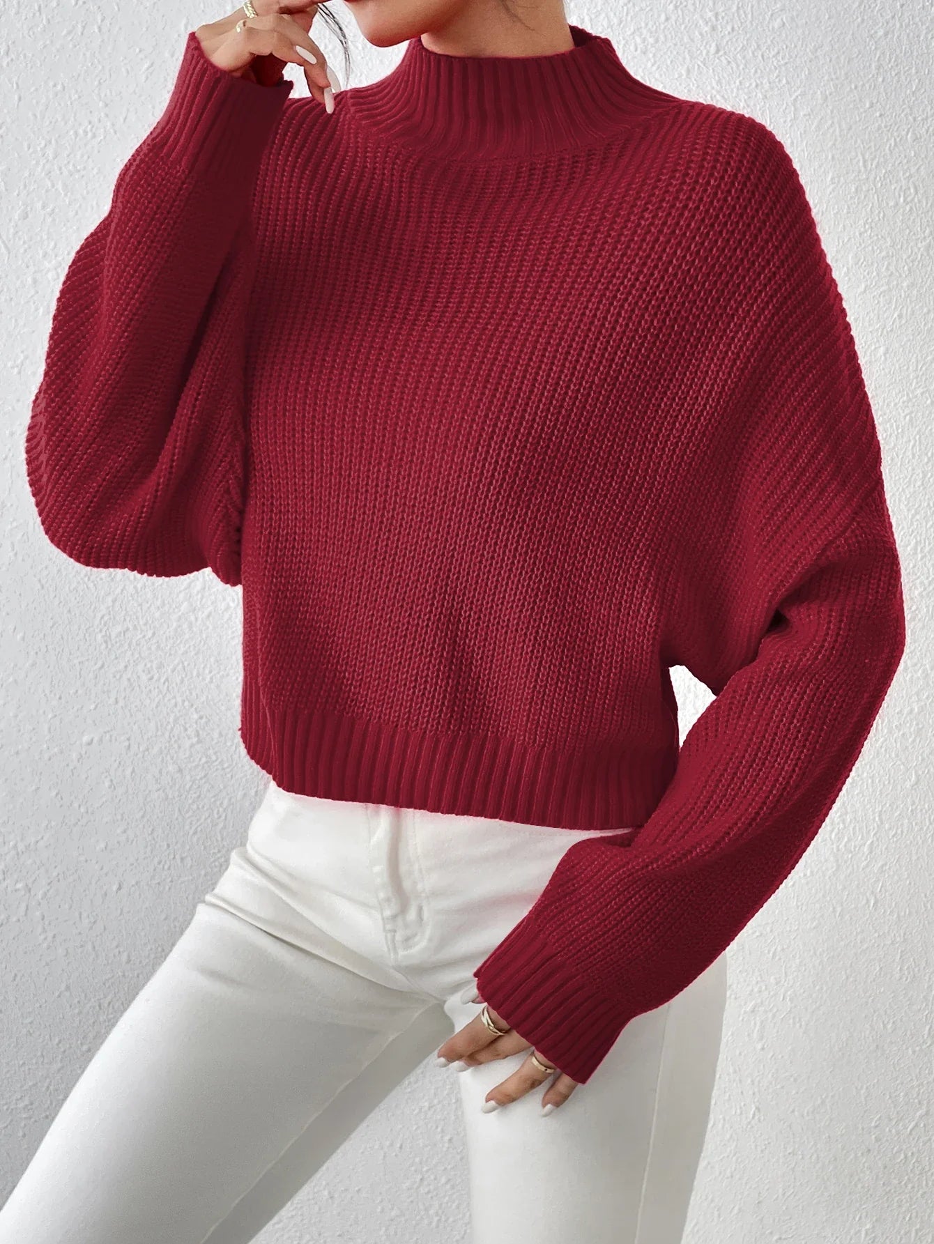Ribbed Knitted Mock Long Solid High Drop Shoulder Sweater