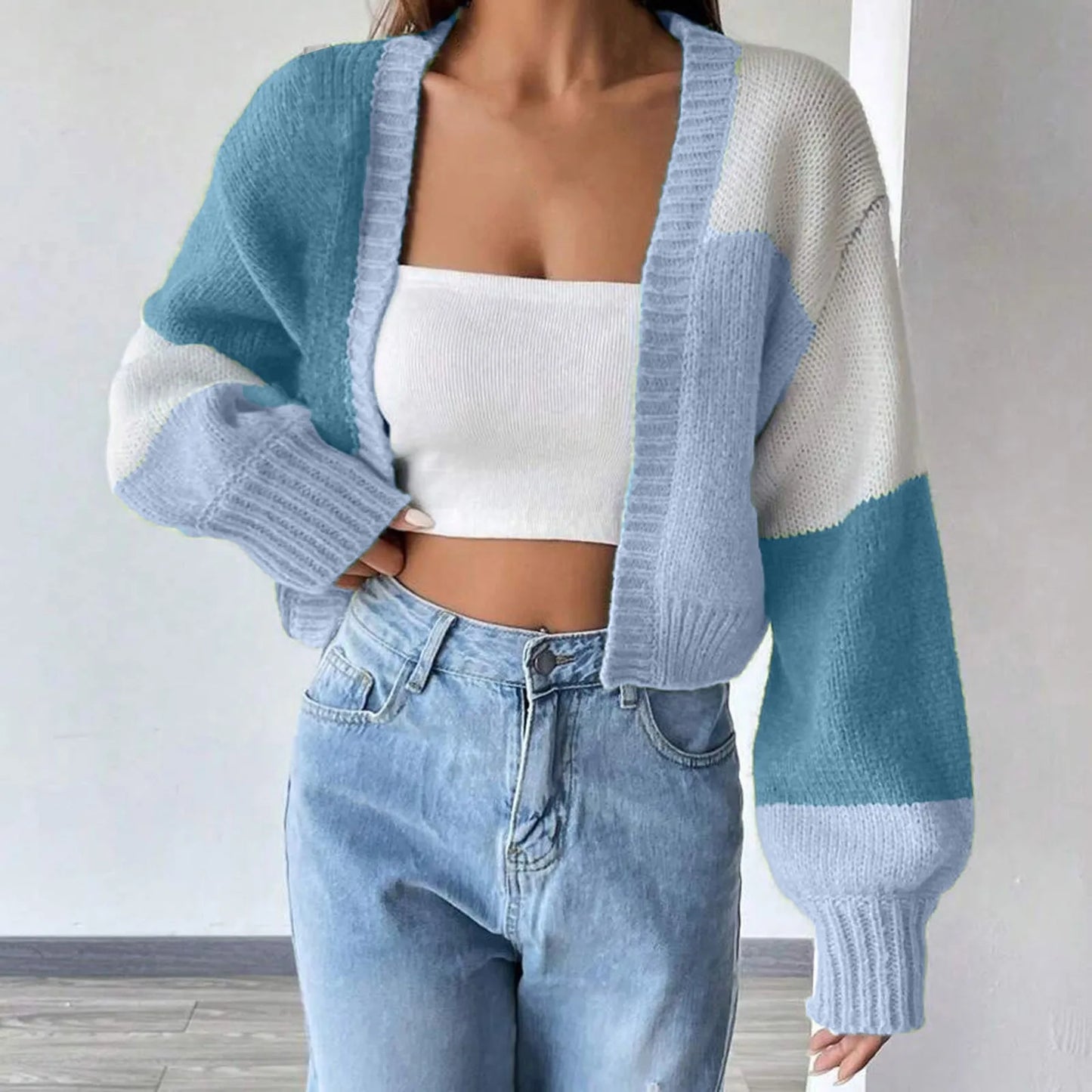 Short Open Color Block Checkered Casual Crochet Cardigan Sweater