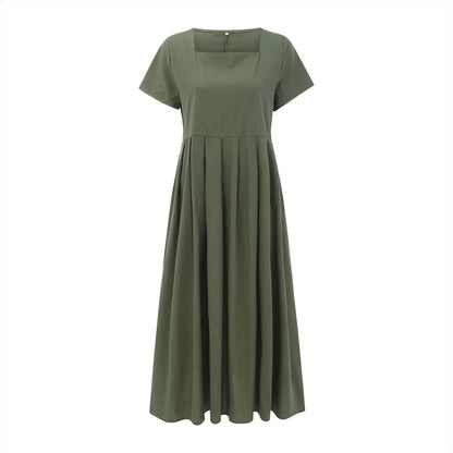 Casual Solid Color Square Collar Cotton Linen Swing Party Midi SunVestidos Dress