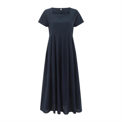 Casual Solid Color Square Collar Cotton Linen Swing Party Midi SunVestidos Dress