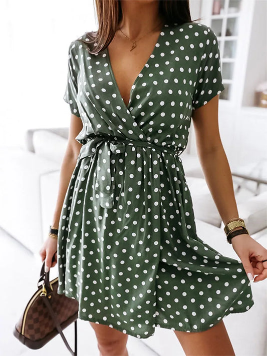 Polka Dot V-Neck Split Boho Midi Dress