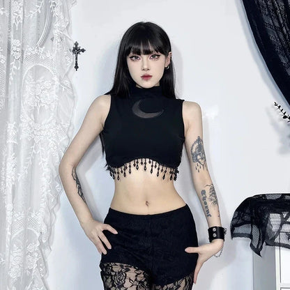 Y2K Goth Moon Lace See Through Vintage Sexy High Collar Sleeveless Tassels Crop Top