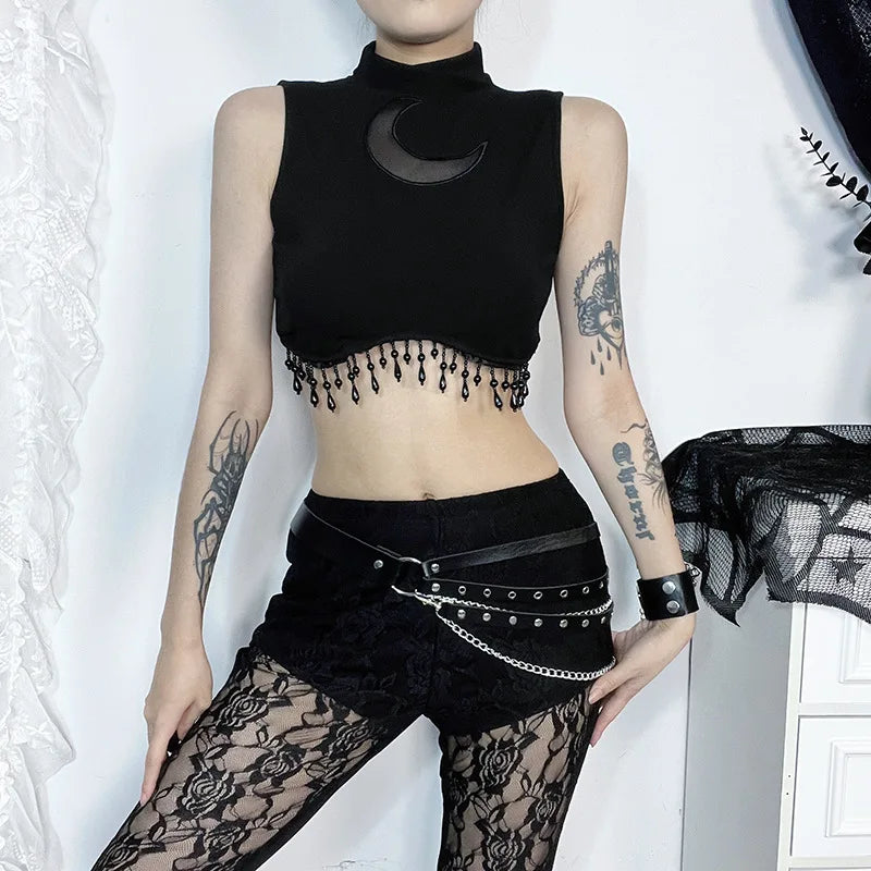 Y2K Goth Moon Lace See Through Vintage Sexy High Collar Sleeveless Tassels Crop Top