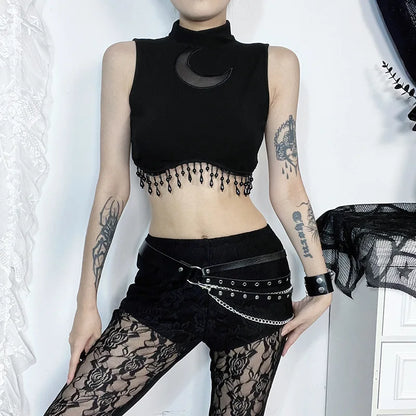 Y2K Goth Moon Lace See Through Vintage Sexy High Collar Sleeveless Tassels Crop Top