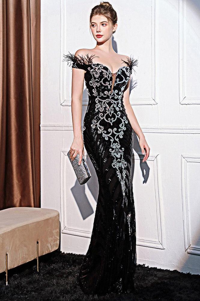 Elegant Off-Shoulder Slim Maxi Sequin Dress