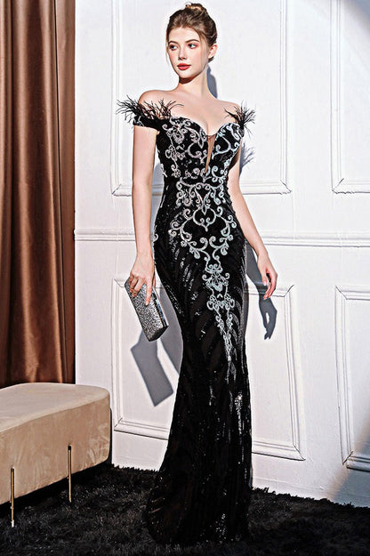 Elegant Off-Shoulder Slim Maxi Sequin Dress