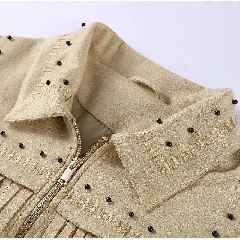Retro Tassel Beaded Zipper Jacket
