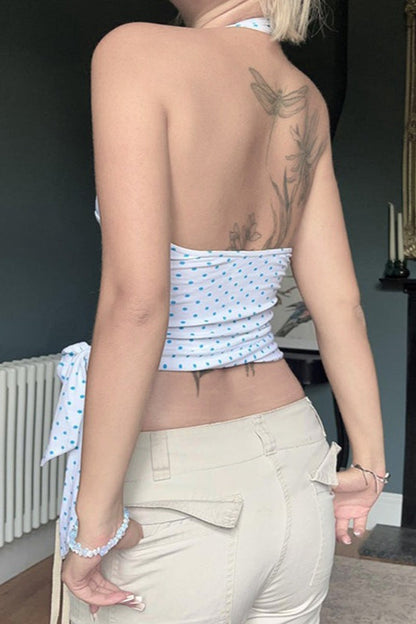Polka Dot V-Neck Tie Halter Crop Top