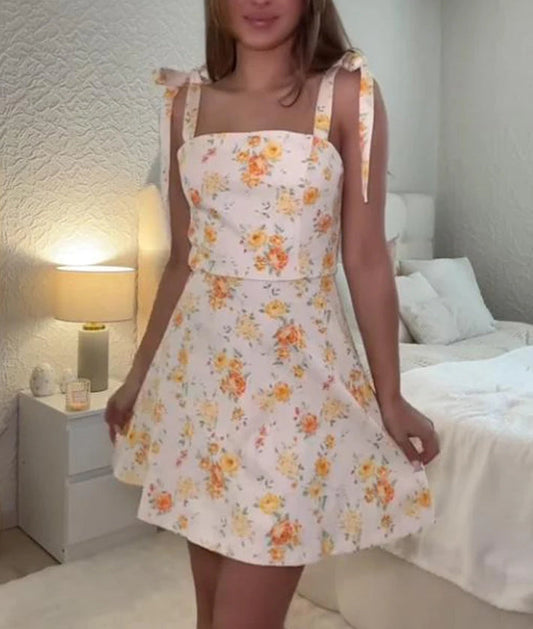 Bow Decoration Poplin Floral Dress