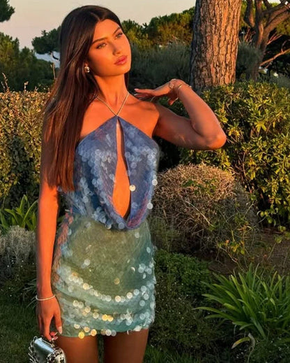 Sequin Hollow Halter Contrast Mini Dress