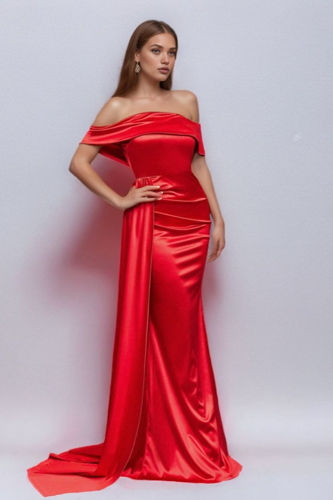 Solid Satin Off-Shoulder High-Waist Mermaid Silk Dress