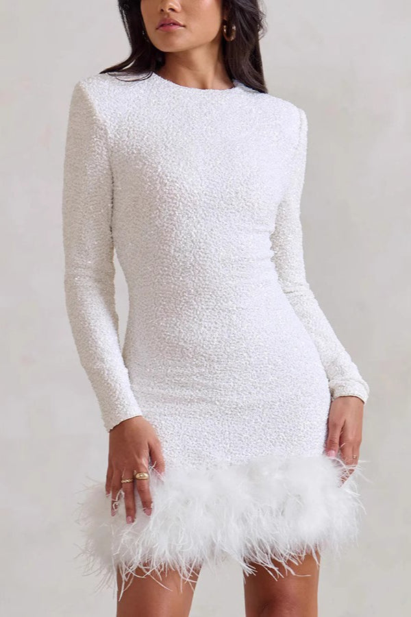 Solid Color Sequin Feather Long Sleeve Round Neck Sexy Sequin Dress
