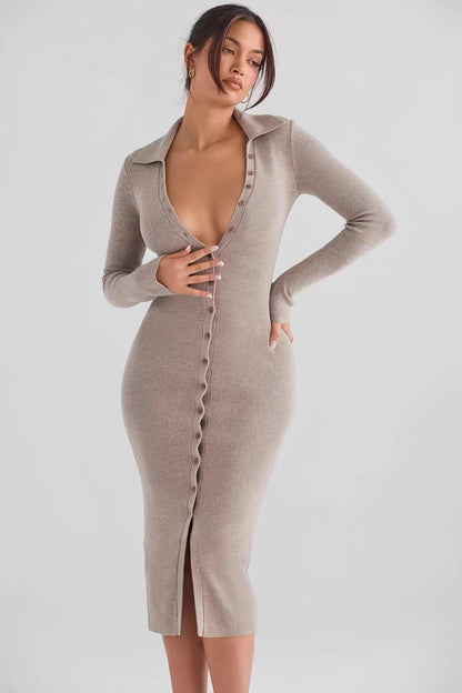 Core-Spun Yarn Knit V-Neck Long-Sleeve Bodycon Midi Sweater Dress