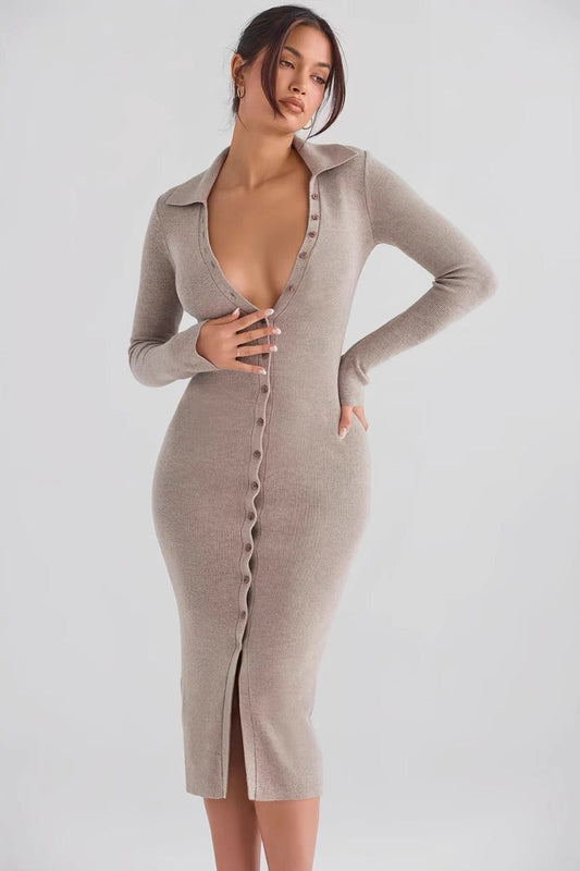 Core-Spun Yarn Knit V-Neck Long-Sleeve Bodycon Midi Sweater Dress