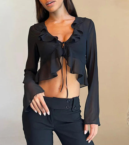 Bell Long Sleeve V Neck Lace Mesh Sheer Top