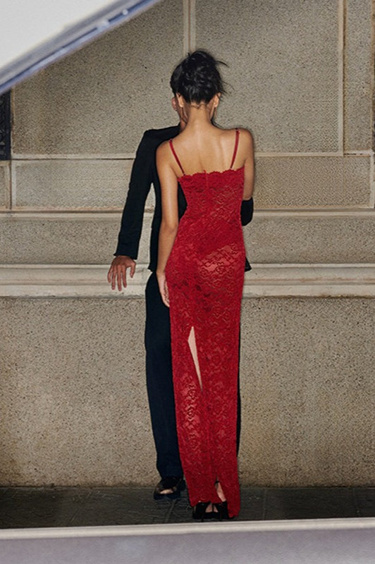 Red Strapless Cami Maxi Lace Dress