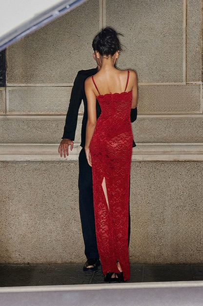 Red Strapless Cami Maxi Lace Dress