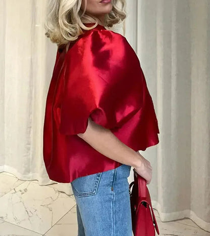 Satin Lantern Sleeve Ruffle Blouse