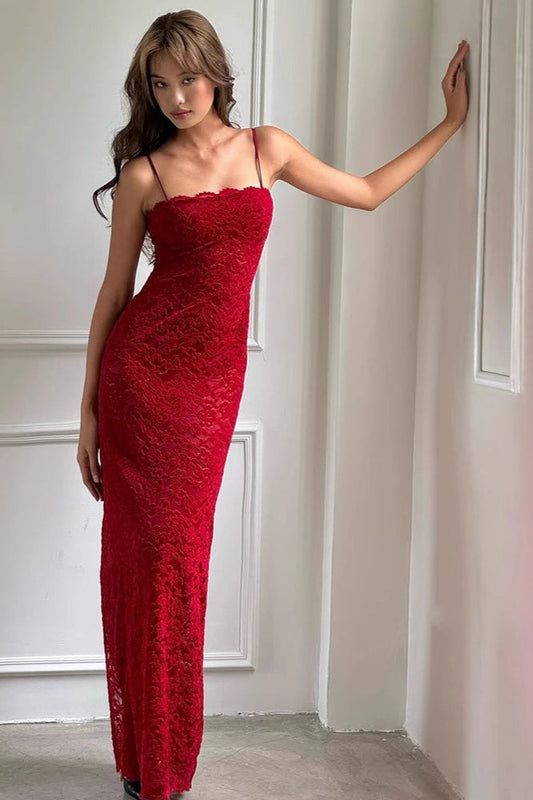 Red Strapless Cami Maxi Lace Dress
