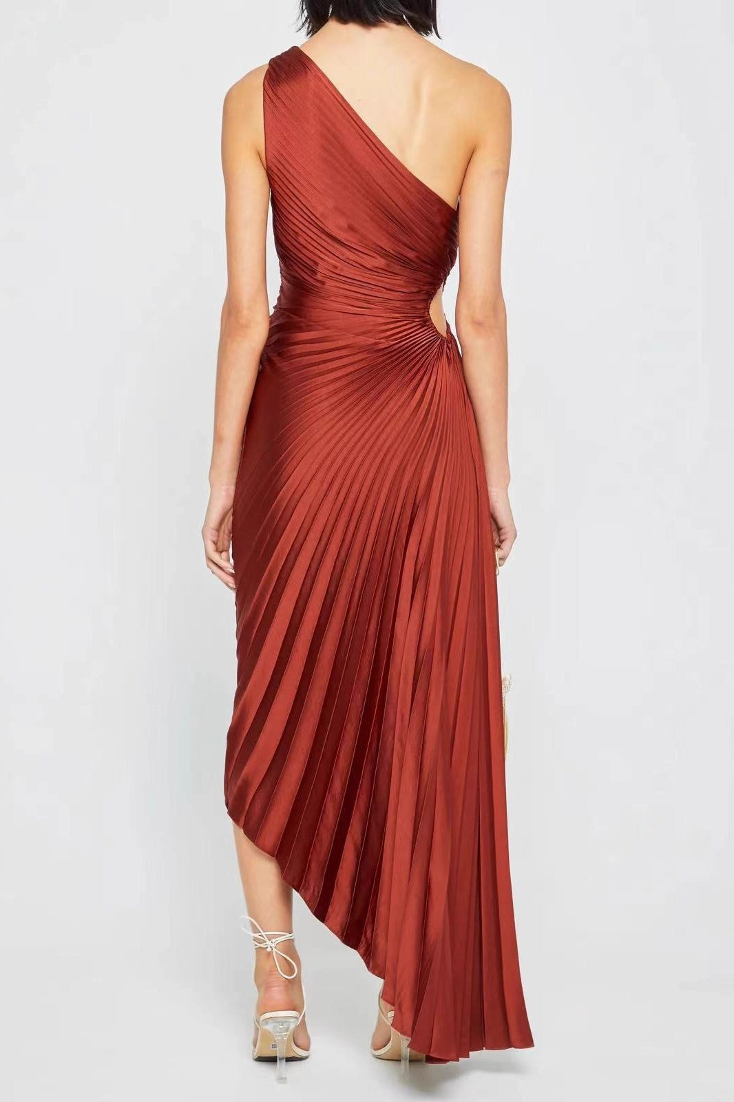 Ruched Satin One-Shoulder Cut-Out Party Silk Dress