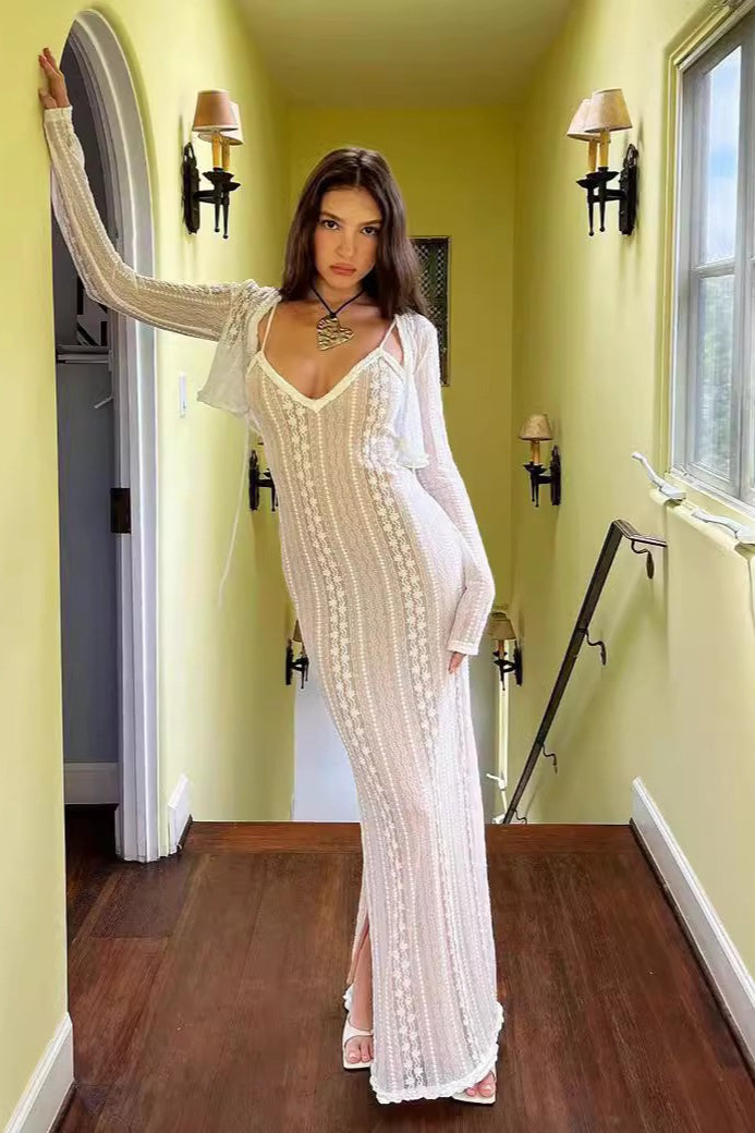 Sexy V Neck Long Sleeve Split Lace Dress