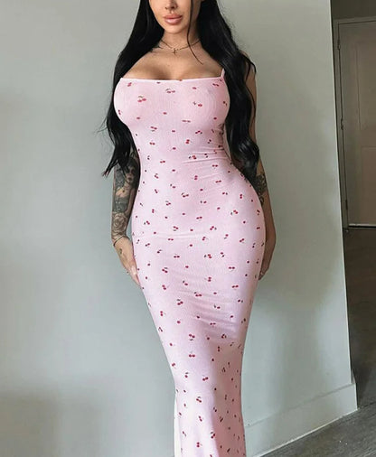 Ribbed Cherry Bodycon Maxi Floral Dress