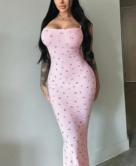 Ribbed Cherry Bodycon Maxi Floral Dress