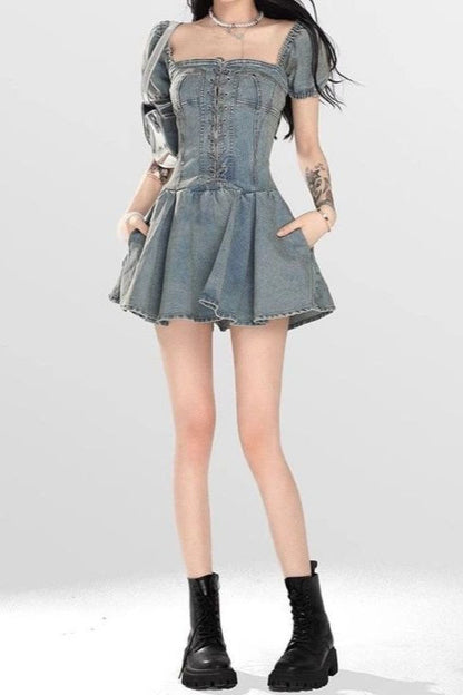Lace Up Strapless Denim Dress