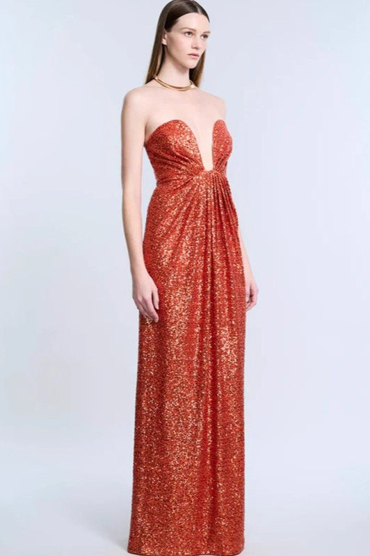 Elegant Sequin Strapless Deep V Waist Tie Long Formal Dress