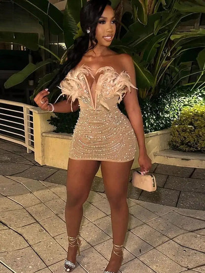 Feather Strapless V Neck Mesh Party Dress