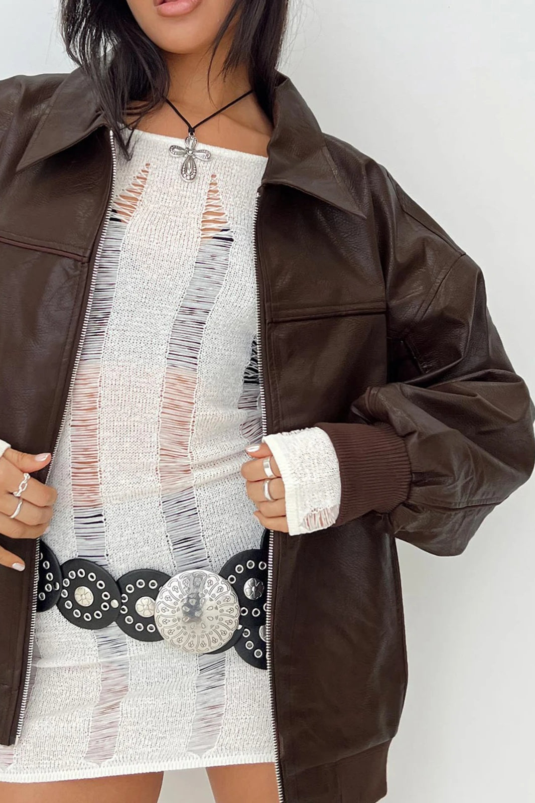 Lapel Collar Faux Leather Motorcycle Jacket