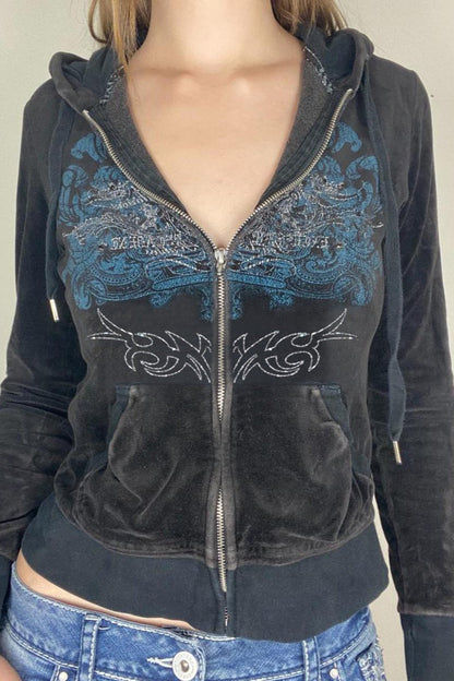 Printed Rhinestone Zip-Up Hoodie
