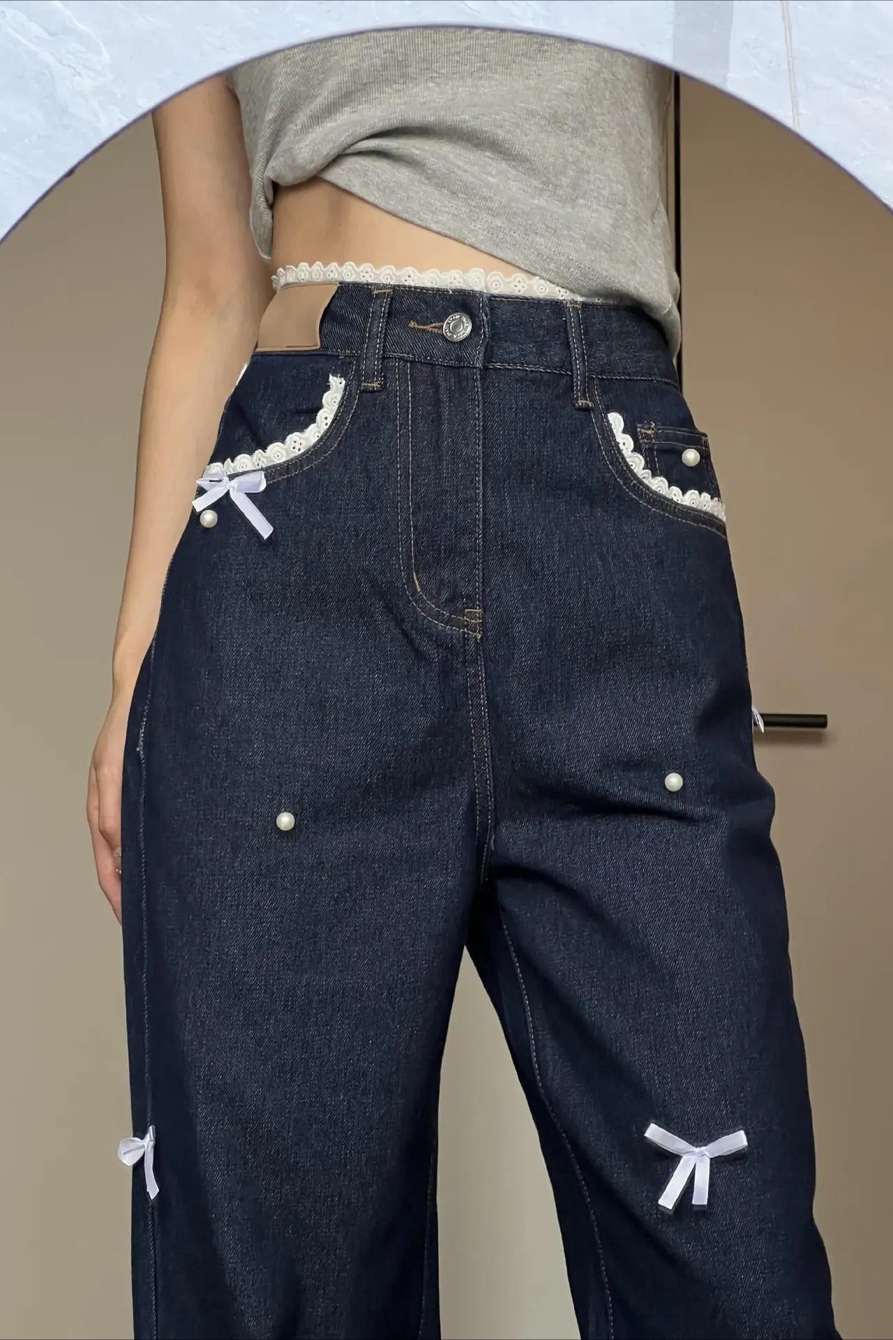 Style Lace Butterfly Knot Wide Leg Jeans