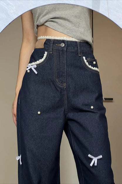 Style Lace Butterfly Knot Wide Leg Jeans