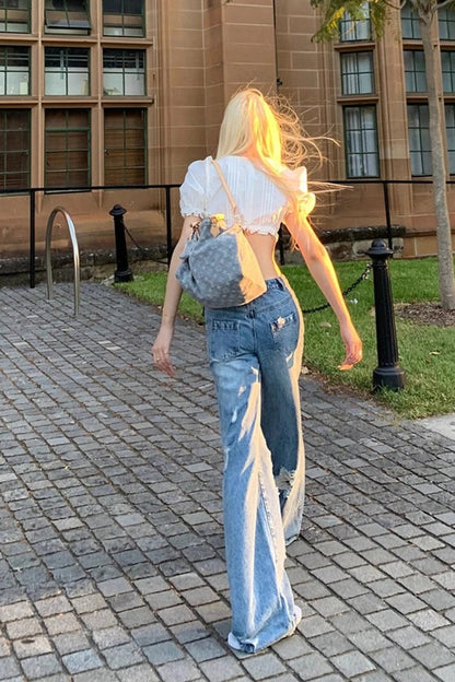 Street Style Ripped Loose Fit Wide-Leg Jeans