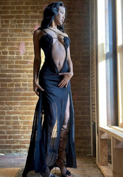 Hollow Out Printed Patchwork Lace-up Slip Dress