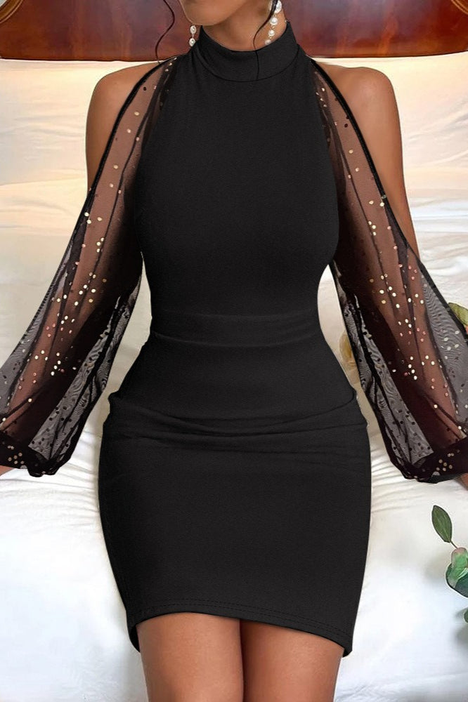 Sequin Patchwork One Shoulder Long Sleeve Bodycon Cocktail Dress