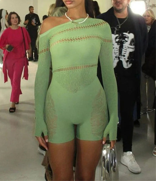 Rhinestone See Through Off Shoulder Romper