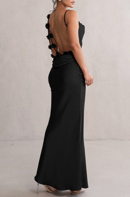 Elegant Satin Halter Backless Floral Bodycon Formal Dress