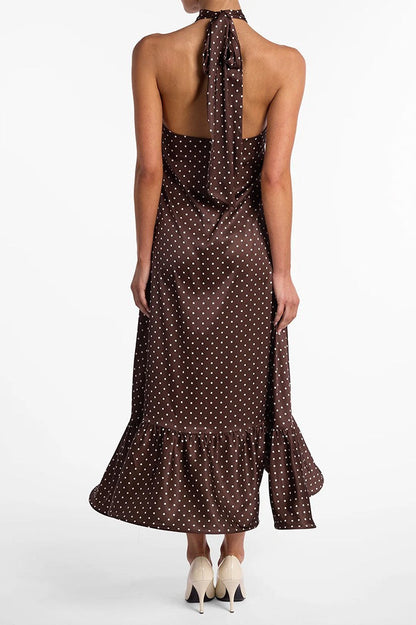 French Style Polka Dot Satin Backless Silk Dress