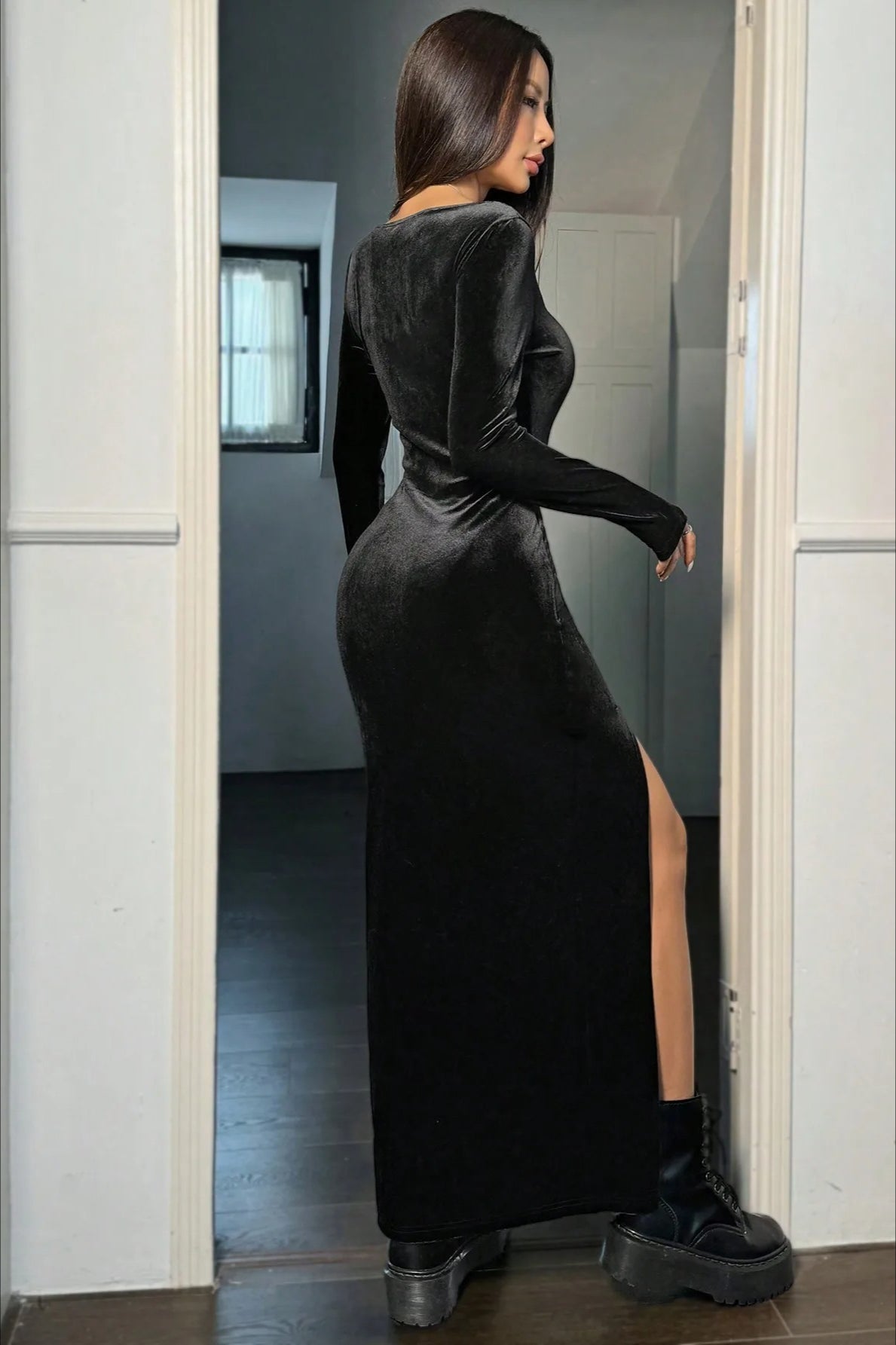 High Waist Split Velvet Maxi Dress