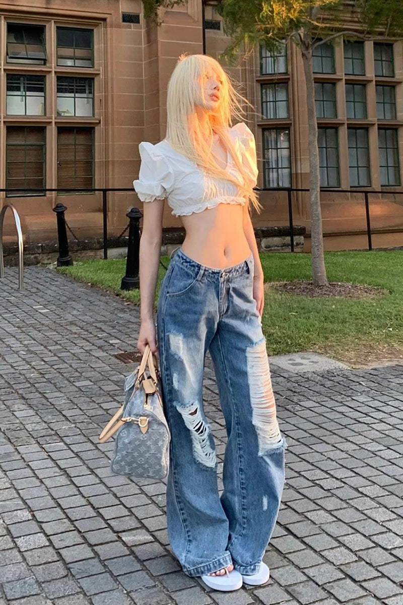 Street Style Ripped Loose Fit Wide-Leg Jeans