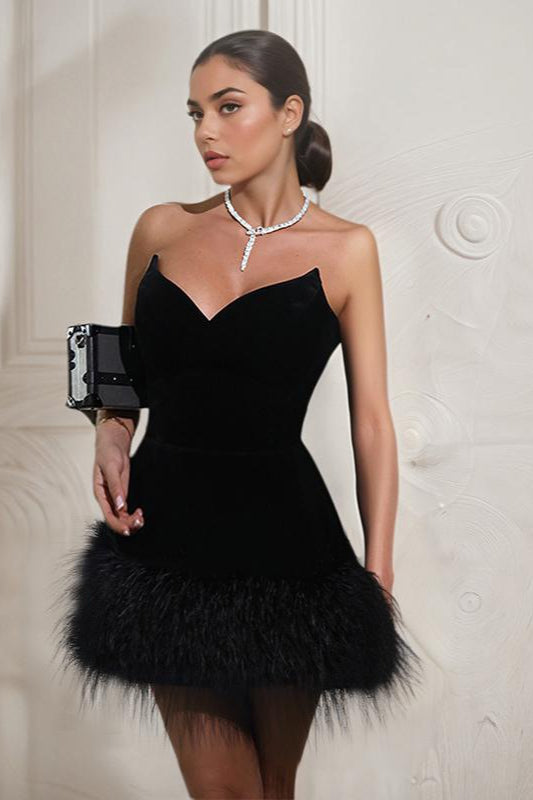 Faux Fur Hem Strapless Party Dress