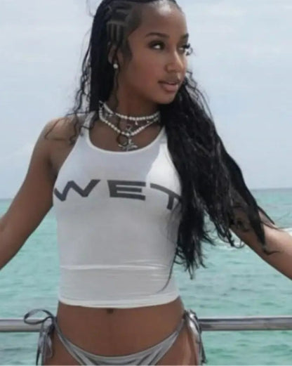 Letter Print Y2K Sheer Top